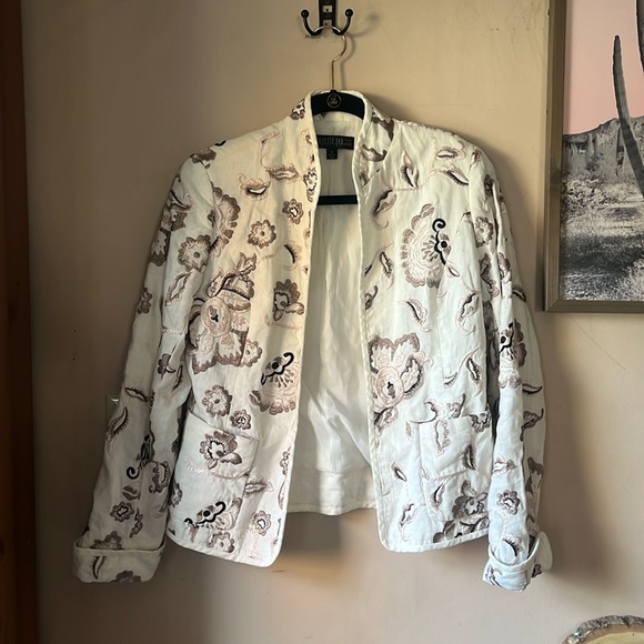 Lafayette 148 Pink Floral Embroidered Off-White Linen Blazer Size 4P - Picture 1 of 16